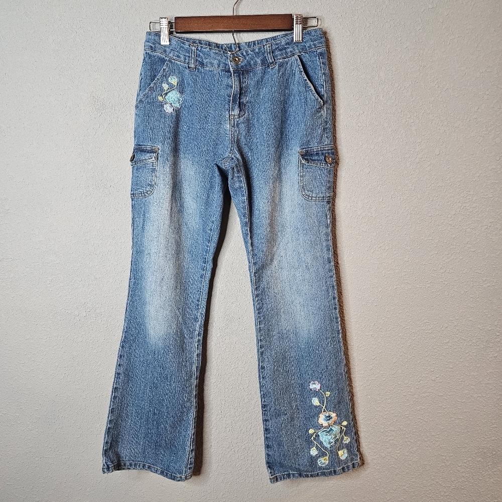 Vtg Blue Heart‎ Girls Blue Jeans Size 14 Embroidered Flower Straight Leg